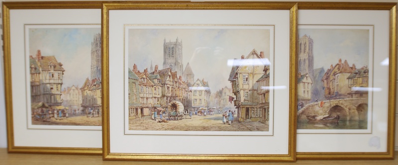 Pierre Le Boeuf (fl.1899-1920), three watercolours, comprising ‘Meaux, France’, ‘Rouen, The Butter Tower, France’ and ‘Chatillion’, each signed, details verso, 28 x 38cm. Condition - good